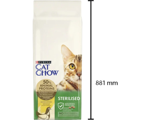 Purina Cat Chow hrană pentru pisici sterilizate, ambalaj cu imagine de pisică, 881 mm înălțime