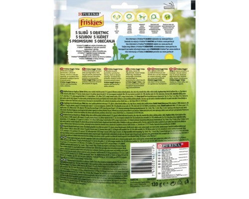 Partea din spate a ambalajului de gustări pentru câini Friskies