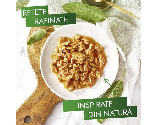 Farfurie cu mâncare preparată, garnisită cu frunze de salvie