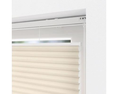 Prim-plan al unui pliseu bej la fereastră