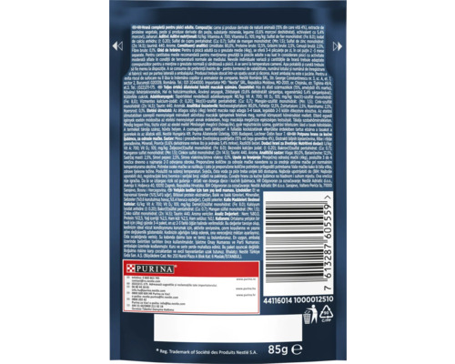 Hrană pentru pisici Purina Spatele ambalajului cu informații despre produs