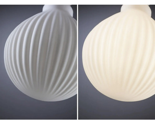 Lumină decorativă cu structură canelată, prezentată o dată neiluminată și o dată iluminată