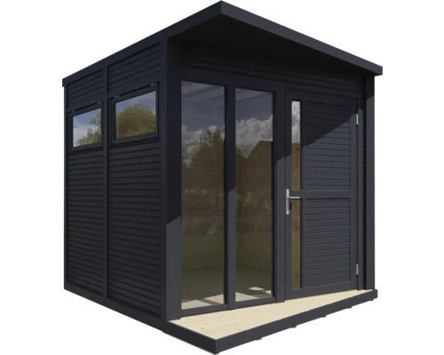 Cabină de grădină cu ferestre și ușă pe o terasă din lemn