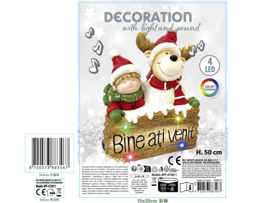 Decorațiune cu lumină și sunet cu figurină băiat și ren