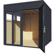 Cabină de grădină modernă cu ușă deschisă și fațadă de sticlă