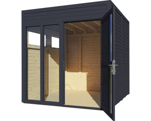 Cabină de grădină modernă cu ușă deschisă și fațadă de sticlă