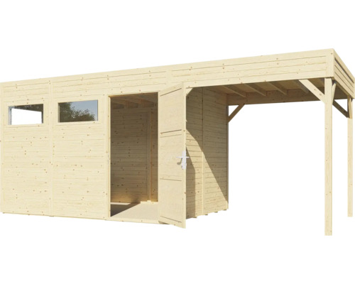 Căsuță de grădină din lemn cu ușă dublă și carport