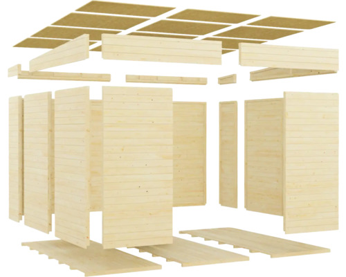 Diagramă explodată a unei case de grădină din lemn