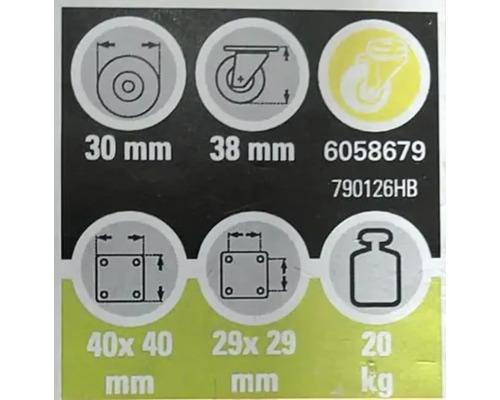 Specificații tehnice pentru role: diametrul rolei de 30 mm, înălțimea rolei de 38 mm, distanța dintre găuri de 40 x 40 mm și 29 x 29 mm, capacitate portantă maximă de 20 kg