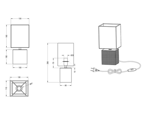 Desen tehnic al unei lămpi de masă cu abajur și bază pătrată.