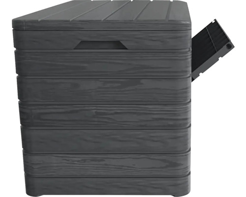 Ladă de grădină gri, din plastic, cu aspect de lemn și mecanism de basculare