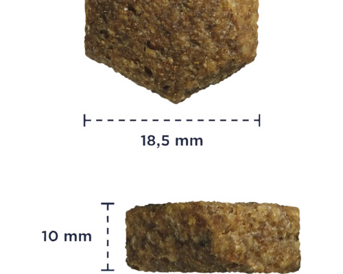 Dimensiunile unei bucăți de hrană uscată: 18,5 mm lungime, 10 mm înălțime