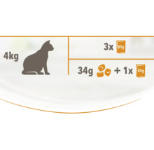 Ilustrație a cantității de hrană pentru o pisică de 4 kg: de trei ori 85 de grame și 34 de grame cu o dată 85 de grame