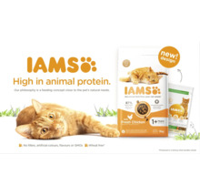 Mâncare pentru pisici Iams cu conținut ridicat de proteine animale și pui proaspăt pentru pisici de la un an.
