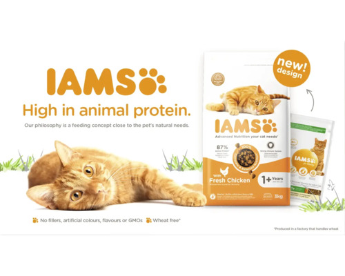 Mâncare pentru pisici Iams cu conținut ridicat de proteine animale și pui proaspăt pentru pisici de la un an.