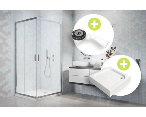 Cabină de duș cu cadă și set de scurgere în baie