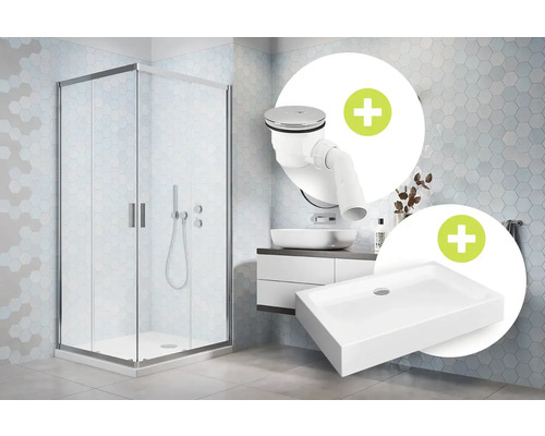 Cabină de duș pe colț cu cadă și set de scurgere într-o baie cu faianță hexagonală