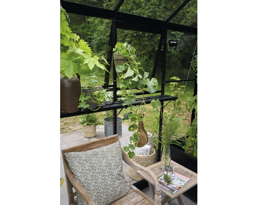 Zonă de relaxare confortabilă într-o seră cu plante și mobilier de grădină