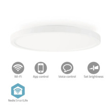 Plafonieră LED albă cu funcții pentru WiFi, control prin aplicație, control vocal și reglare a luminozității.