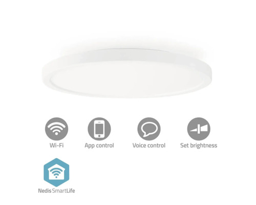Plafonieră LED albă cu funcții pentru WiFi, control prin aplicație, control vocal și reglare a luminozității.