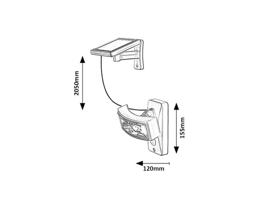 Desen tehnic al unei lămpi solare cu dimensiunile 2050 mm, 155 mm și 120 mm.