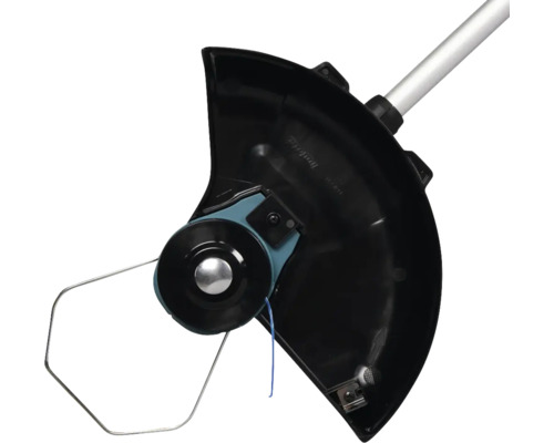 Vizualizare detaliată a unui trimmer de gazon cu dispozitiv de protecție și fir de tăiere