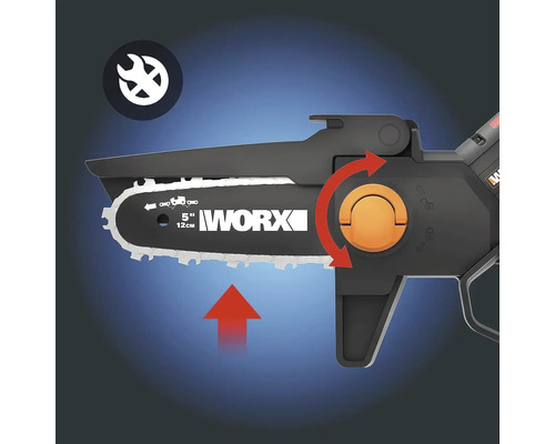 Prezentare a unui motoferăstrău cu acumulator cu o lungime de tăiere de 12 cm și logo-ul Worx. O grafică cu săgeată indică funcția de rotire. În plus, este afișat un simbol de întreținere.
