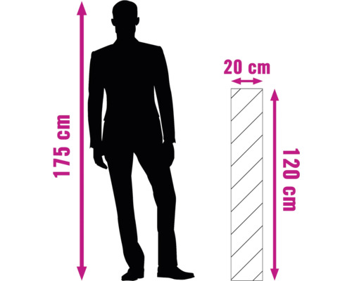 Ilustrație a dimensiunilor produsului: 120 centimetri înălțime și 20 centimetri lățime.