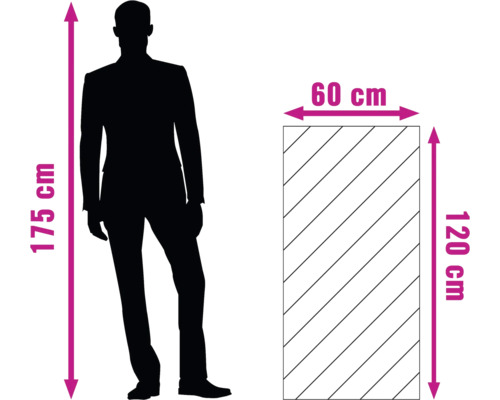 Indicații de dimensiuni: O persoană cu o înălțime de 175 de centimetri stă lângă un panou care măsoară 60 pe 120 de centimetri.