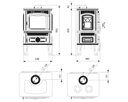 Desen tehnic al unui șemineu cu dimensiuni.