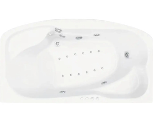 Cadă de colț albă cu funcție de hidromasaj, fotografiată de sus.