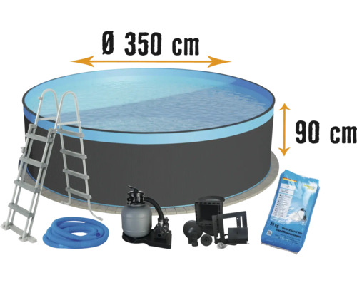 Piscină supraterană cu scară, furtun, sistem de filtrare și nisip de cuarț, diametru 350 cm, înălțime 90 cm