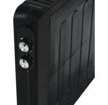 Imagine detaliată a unui calorifer electric negru cu butoane rotative pentru controlul temperaturii.