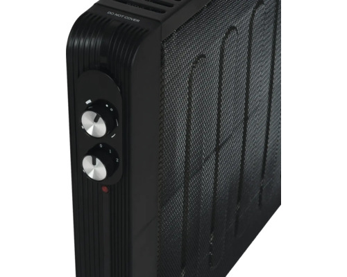 Imagine detaliată a unui calorifer electric negru cu butoane rotative pentru controlul temperaturii.