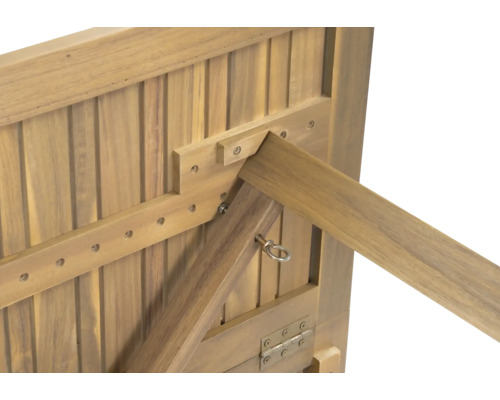 Detaliu al părții inferioare a unei mese din lemn cu mecanism de pliere