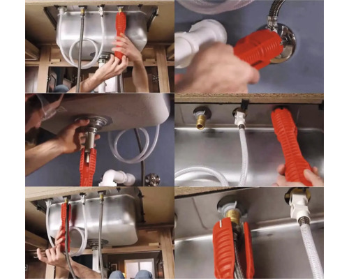 Vedere multiplă a montării unei chiuvete cu o cheie de țevi.