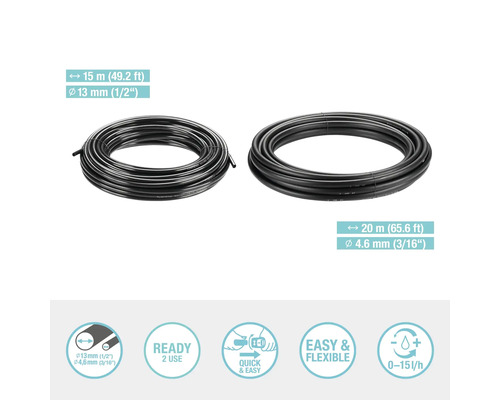 Două role de furtunuri de irigare cu lungimi de 15 metri și 20 de metri