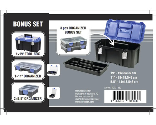 Set bonus cu cutie de scule 49x25x25 cm și trei cutii organizatoare