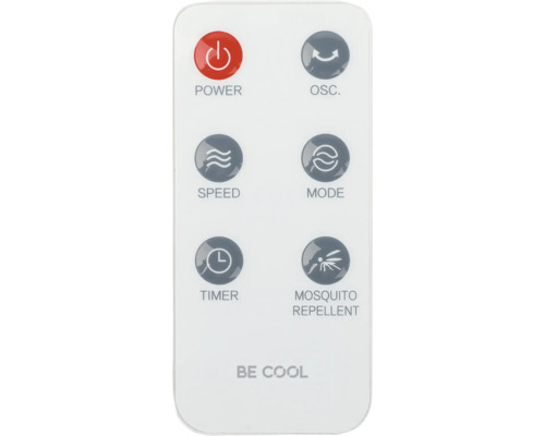 Telecomandă Be Cool cu funcții de alimentare, oscilație, viteză, mod, cronometru și anti-țânțari.