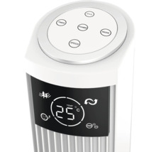 Vizualizare detaliată a unui ventilator turn cu elemente de control și afișare a temperaturii