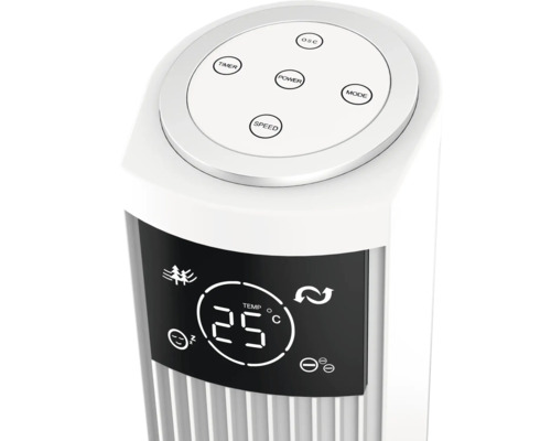 Vizualizare detaliată a unui ventilator turn cu elemente de control și afișare a temperaturii