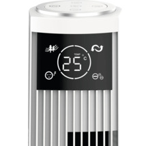 Prim-plan al unui ventilator tip turn cu afișaj digital al temperaturii de 25 grade Celsius