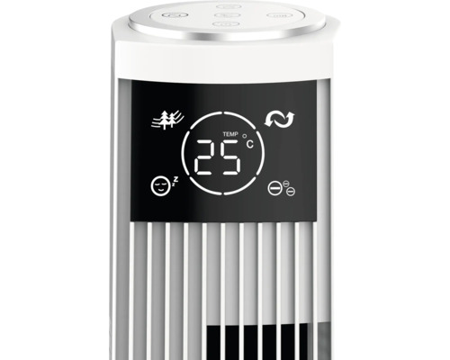 Prim-plan al unui ventilator tip turn cu afișaj digital al temperaturii de 25 grade Celsius