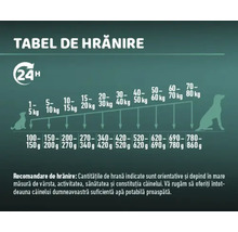Tabel de hrănire pentru câini cu indicații de greutate în kilograme și cantitatea de hrană în grame