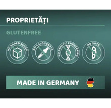 Proprietăți: Fără gluten, fără adaos de zahăr, fără coloranți, fără inginerie genetică, fără soia, fabricat în Germania