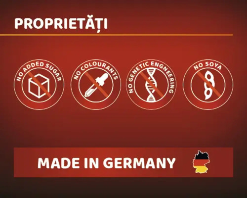 Simbol fără adaos de zahăr. Simbol fără coloranți. Simbol fără inginerie genetică. Simbol fără soia. Fabricat în Germania.