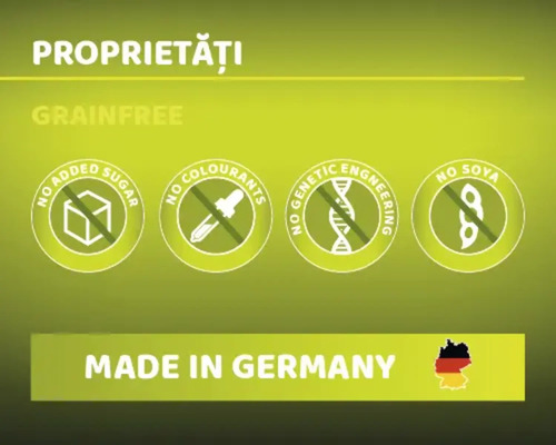 Simbol fără adaos de zahăr, simbol fără coloranți, simbol fără inginerie genetică, simbol fără soia, Fabricat în Germania