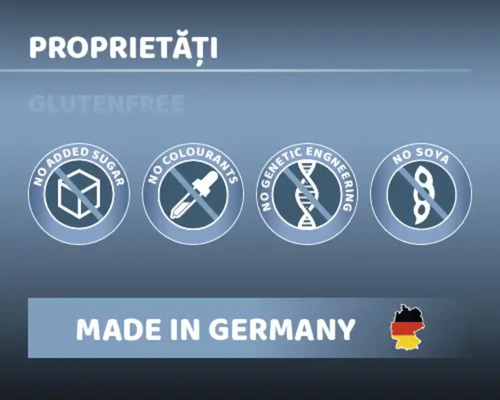 Proprietăți: Fără adaos de zahăr, fără coloranți, fără inginerie genetică, fără soia, fabricat în Germania