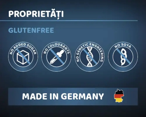 Fără gluten, fără adaos de zahăr, fără coloranți, fără inginerie genetică, fără soia, fabricat în Germania