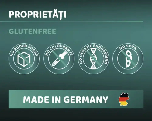 Proprietăți: Fără gluten, fără adaos de zahăr, fără coloranți, fără inginerie genetică, fără soia, fabricat în Germania